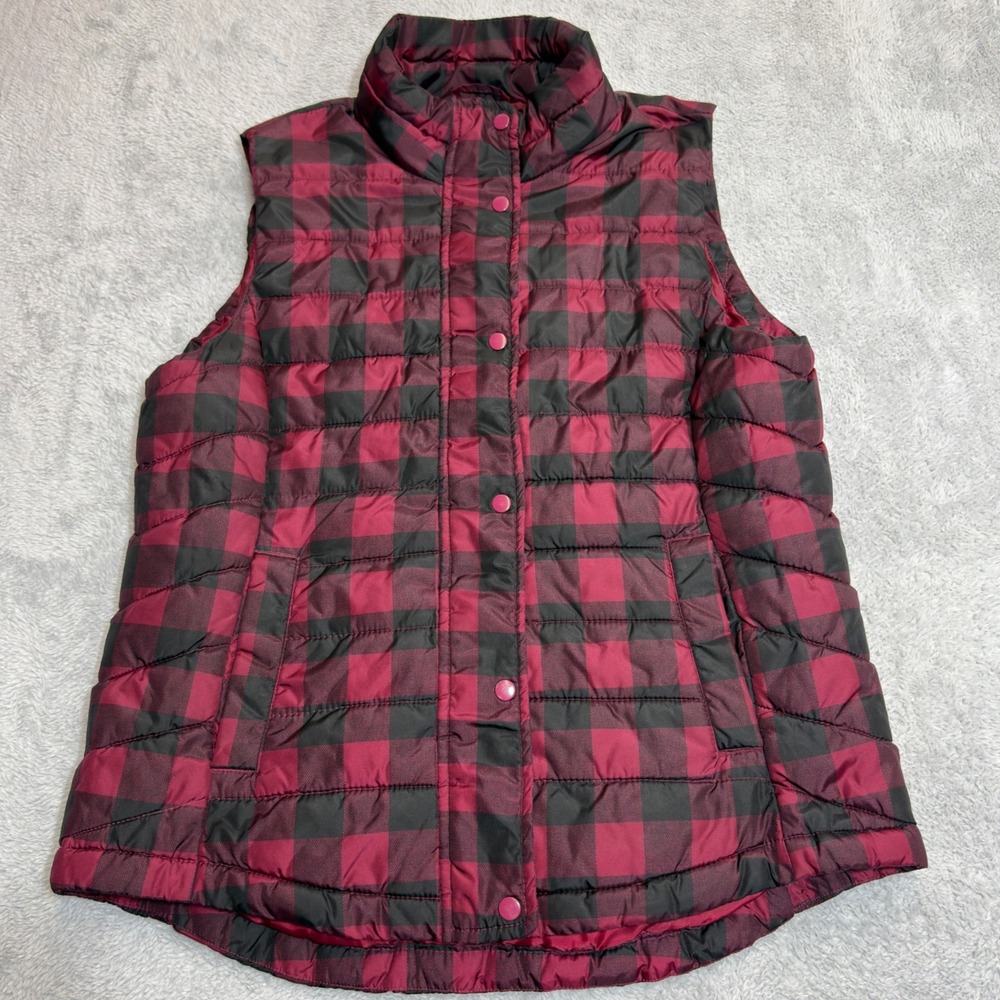 Gap Puffer Vest Women Medium Red Black Buffalo Plaid Quilted Snap Zip Layering